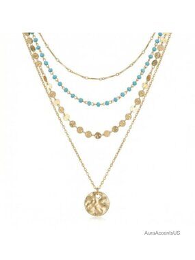 Boho Layered Coin Necklace Set 4 Piece Bohemian Gold Tone Metal Chain Women